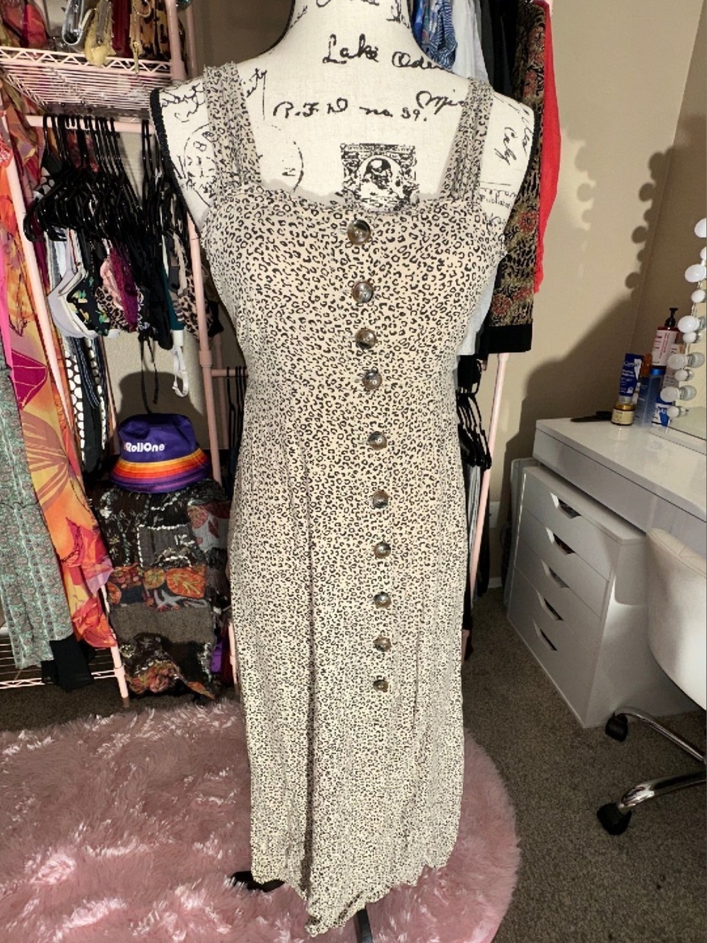 Button-Front Cream Leopard Print Midi Dress
